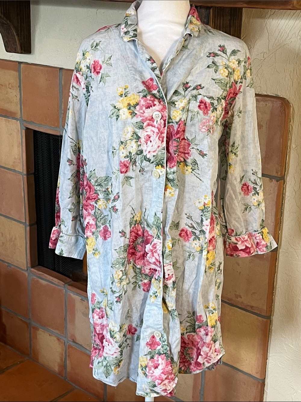 Lauren Ralph Lauren Pale Blue Floral Button Up Nightshirt, size L